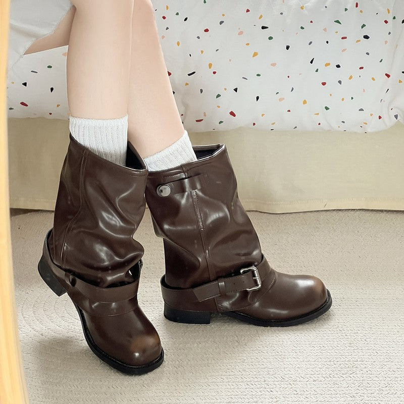 Vintage Thick Heel Women Western Cowboy Boots Fashion Belt Buckle Slip On Shoes Ladies Pleated Short Booties Autumn Winter