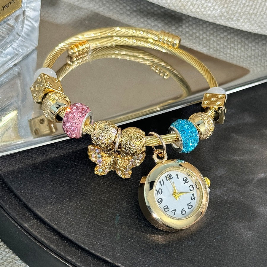 Cross-border Gold Bracelet Watch Adjustable opening Alloy bracelet Quartz Watch Beaded Small flower bracelet Watch