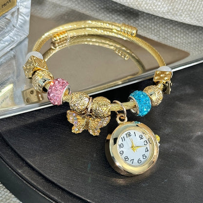 Cross-border Gold Bracelet Watch Adjustable opening Alloy bracelet Quartz Watch Beaded Small flower bracelet Watch