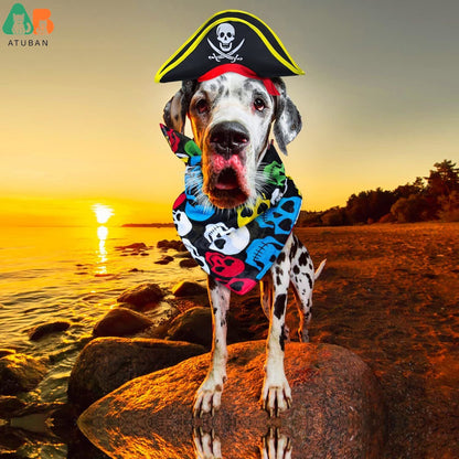 Chapéu de Pirata ATUBAN com Estampa de Caveira para Animais de Estimação com Bandana de Caveira para Cães e Gatos, Boné de Capitão, Fantasia de Pirata para Cosplay de Halloween, Festa de Halloween