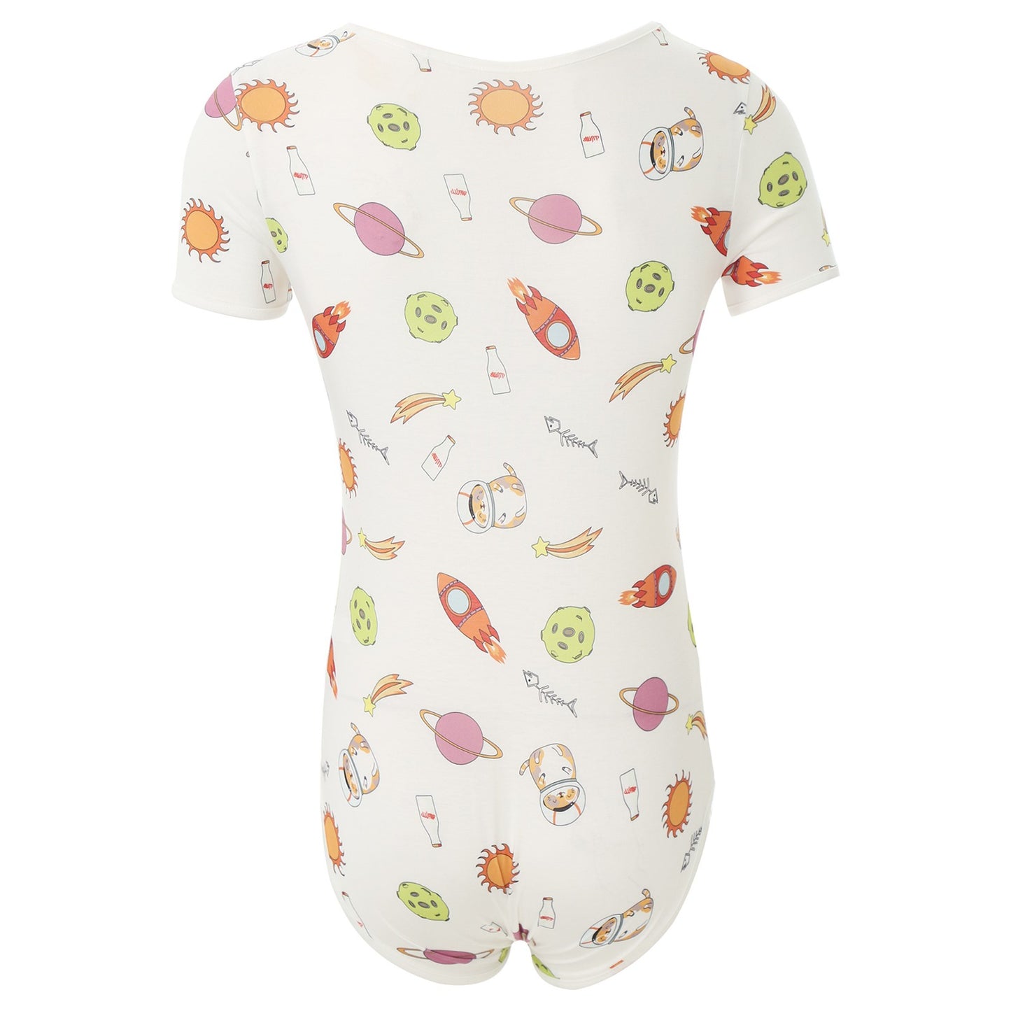 Mens Cute Cartoon Print Bodysuit Sissy Pajamas Short Sleeve Buttoned Crotch Diaper Rompers Gay Male Onesies Sleepwear Loungewear