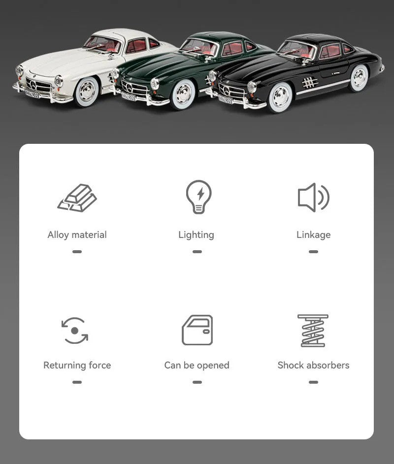 1:24 300SL W140 Carro de Brinquedo Modelo de Liga Fundido com Luz e Som, Carroceria Aberta, Modelos em Miniatura, Brinquedos Clássicos de Presente para Meninos