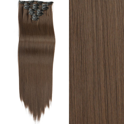 7 peças/conjunto de aplique de cabelo com 16 grampos, preto, longo e liso, cabelo natural, aplique de cabelo ombre, fibra resistente ao calor para penteado feminino