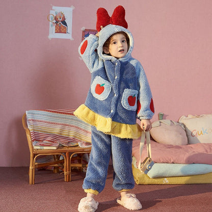 Disney Snow White Kids Hooded Robe Winter Princess Child Thick Keep Warm Long Nightgown Front Button Coral Fleece Soft Bathrobe