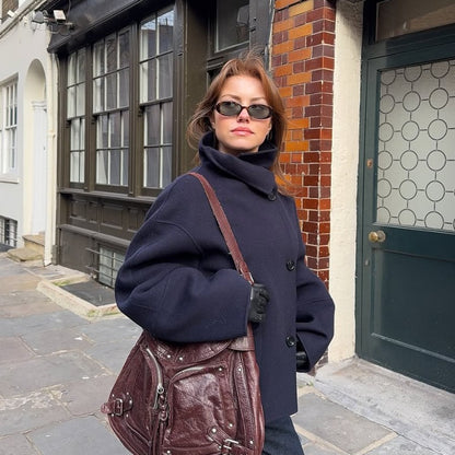 Elegant Stand Collar Woolen Jacket For Women Y2K Single Breasted Button Pockets Coat Lady 2025 Autumn Winter Street Chic Outwear