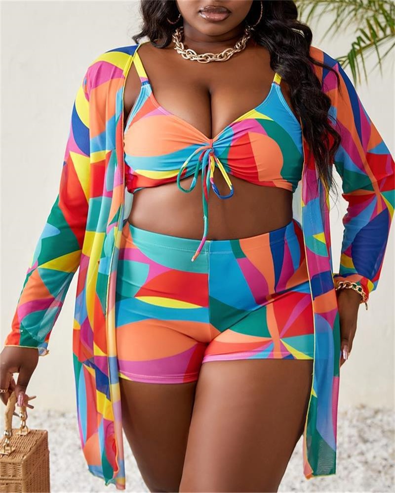 VigoBreviya 2025 Print 3 Piece Plus Size Mesh Cove Up Bikini Set Women High Waist Curvy Swimsuit Beach Lady Big Bathing Suit