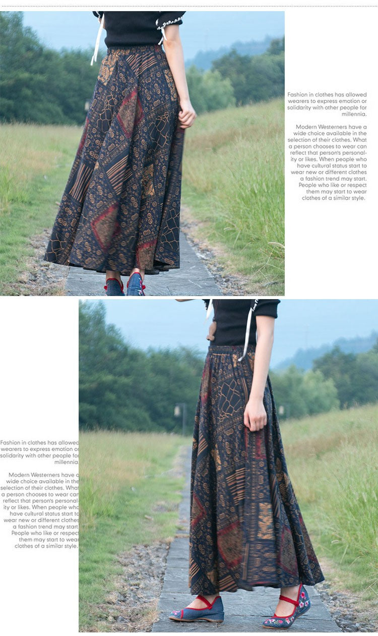 Cotton Linen Skirts for Women Fashion Casual Bohemian Y2k Print Long Skirt Summer Vintage Maxi Bottom Saias Woman Clothes Faldas