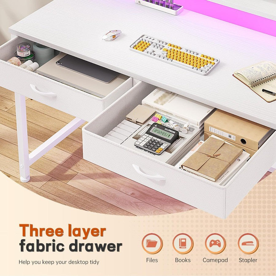 39.4 Inch Computer Desk with 2 Drawers and LED Lights for Small Spaces Home Office Study Writing Table with Side Pocket and Mon