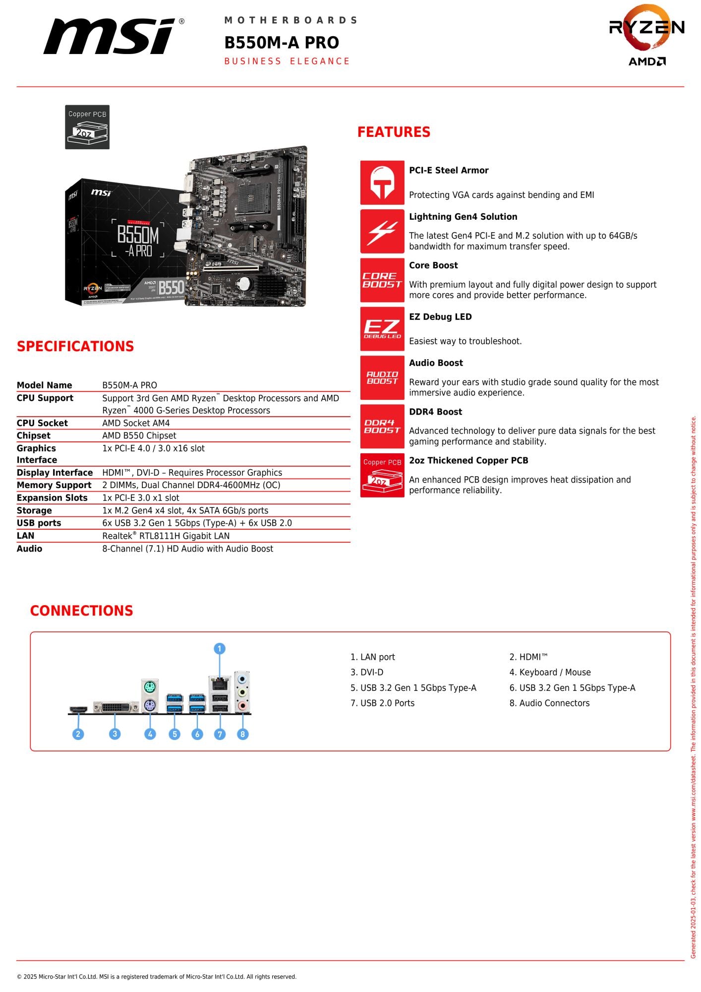 Placa-mãe MSI B550M-A PRO AMD Gaming AM4 DDR4 M.2 Suporta Processador Ryzen R3 R5 R7 das Séries 5000 e 3000 para Desktop