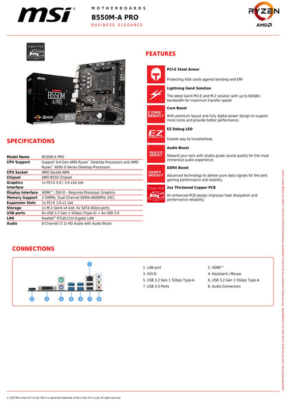 Placa-mãe MSI B550M-A PRO AMD Gaming AM4 DDR4 M.2 Suporta Processador Ryzen R3 R5 R7 das Séries 5000 e 3000 para Desktop