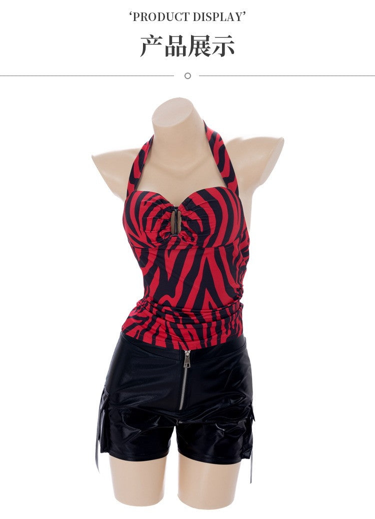 Obsession Nikki Costume Cosplay Outfit Zebra Halter Top Faux Leather Cargo Shorts Punk Streetwear Halloween Carnival Disguise