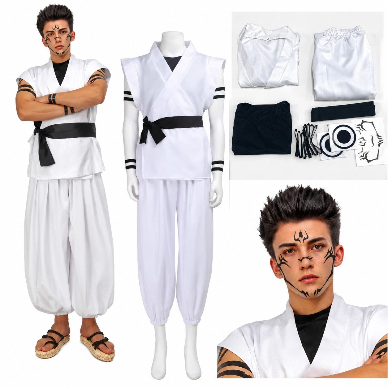 Ryomen Sukuna Cosplay Costume Jujutsu Kaisen Anime Kimono Outfit Full Set Tattoo Stickers Halloween Party Roleplay Costume