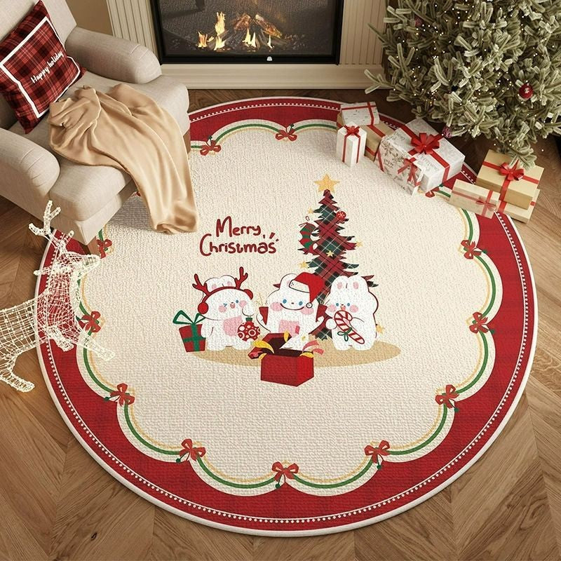 VIKAMA Christmas Winter Warm Round Rug For Living Room, Bedroom, Side Of Bed, Anti-Slip Hat Stand Pad, Holiday Home Decoration