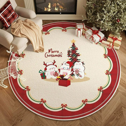 VIKAMA Christmas Winter Warm Round Rug For Living Room, Bedroom, Side Of Bed, Anti-Slip Hat Stand Pad, Holiday Home Decoration