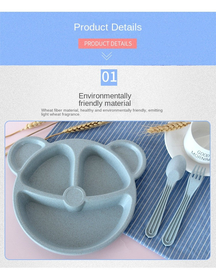 3-Piece Cute Divided Dining Plate for Children's Bowls Solid Color Fork Spoon Sucking Tableware Set with Wheat Material