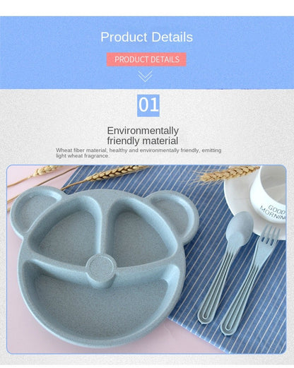 3-Piece Cute Divided Dining Plate for Children's Bowls Solid Color Fork Spoon Sucking Tableware Set with Wheat Material