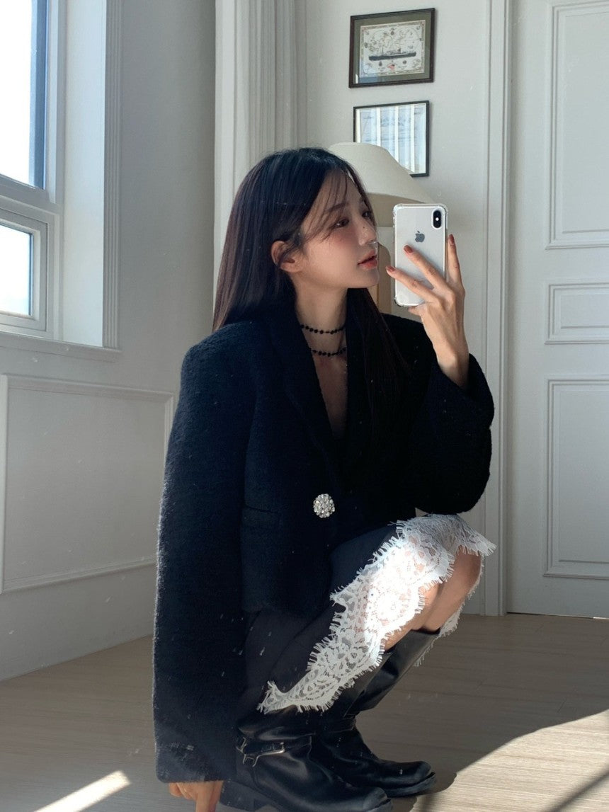 High-end Unique Button-down Woolen Cropped Coat Women Fall Winter Black White Jacket Vintage Design Long Sleeve Coats 2025