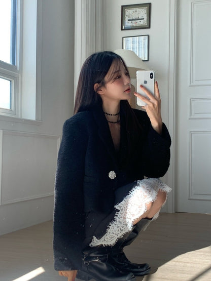 High-end Unique Button-down Woolen Cropped Coat Women Fall Winter Black White Jacket Vintage Design Long Sleeve Coats 2025