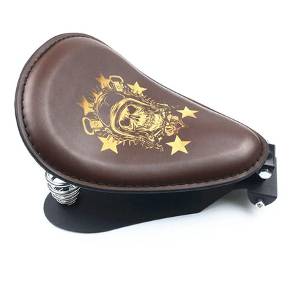 Assento Individual de Couro Retrô Marrom/Preto Caveira para Motocicleta + Suporte de Mola de 3" para Harley Custom Chopper Bobber Assento de Selim de Couro