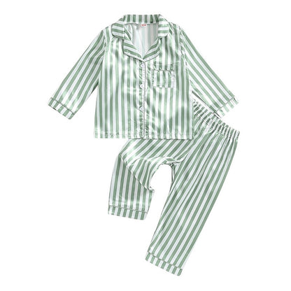 Kid Girls Boys Fall Pajamas Set Stripe Print Long Sleeve Shirts Tops Long Pants Satin 2 Pieces Lounge Suit Sleepwear