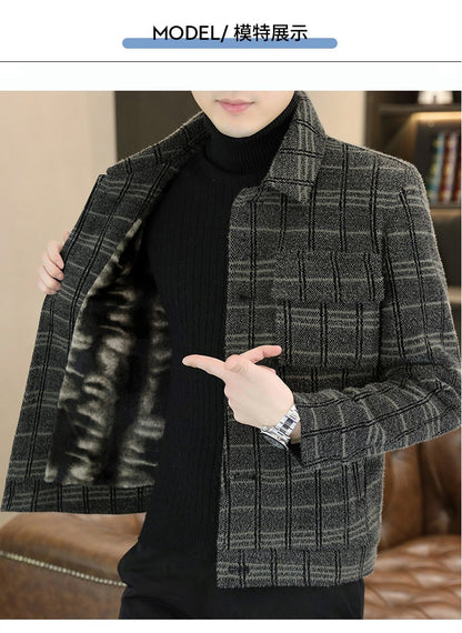 2023 Winter Plaid Woolen Jackets Men Fashion Slim Fit Thickened and Warm Trench Coat Casual Business Streetwear Overcoat M-4XL