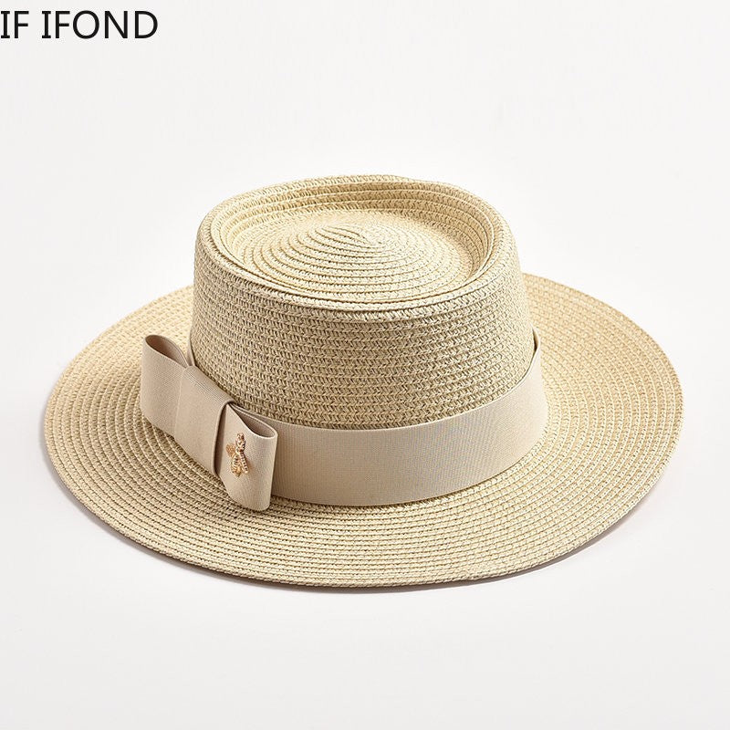 Novos Chapéus de Palha Primavera Verão Femininos de Superfície Ondulada, Topo Reto, Laço, Boné de Vestido, Chapéu de Sol para Viagem e Praia, Gorra