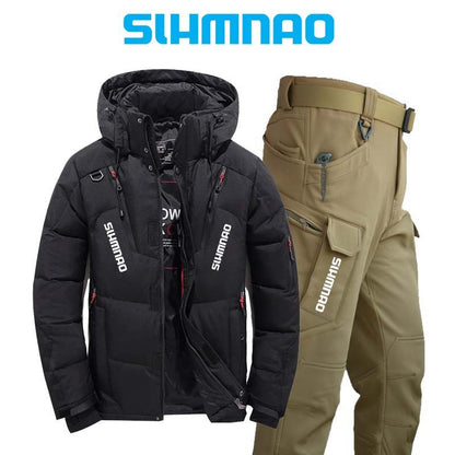 Conjunto de Pesca Quente e Resistente ao Vento e ao Frio de Inverno, Jaqueta Externa Quente, Jaqueta Grossa de Pluma de Ganso e Calças Táticas 2025