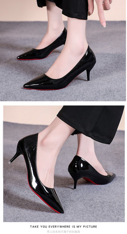 Sapatos de Salto Agulha Bico Fino de Couro Sintético Envernizado Sensuais, Sola Vermelha para Festa, Sapatos de Trabalho Pretos Clássicos para Meninas com Temperamento