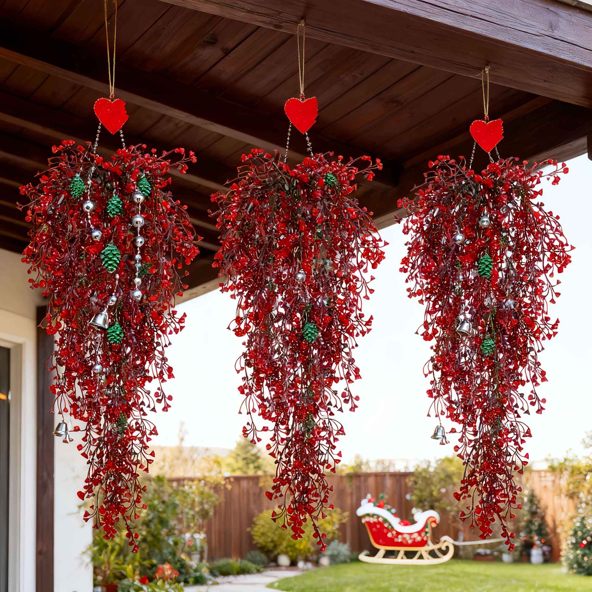 3pcs Artificial Hanging Plants Garland Plastic Red Ferns Fake Ivy Plant for Christmas Home Wedding Table Party Garden Decoration