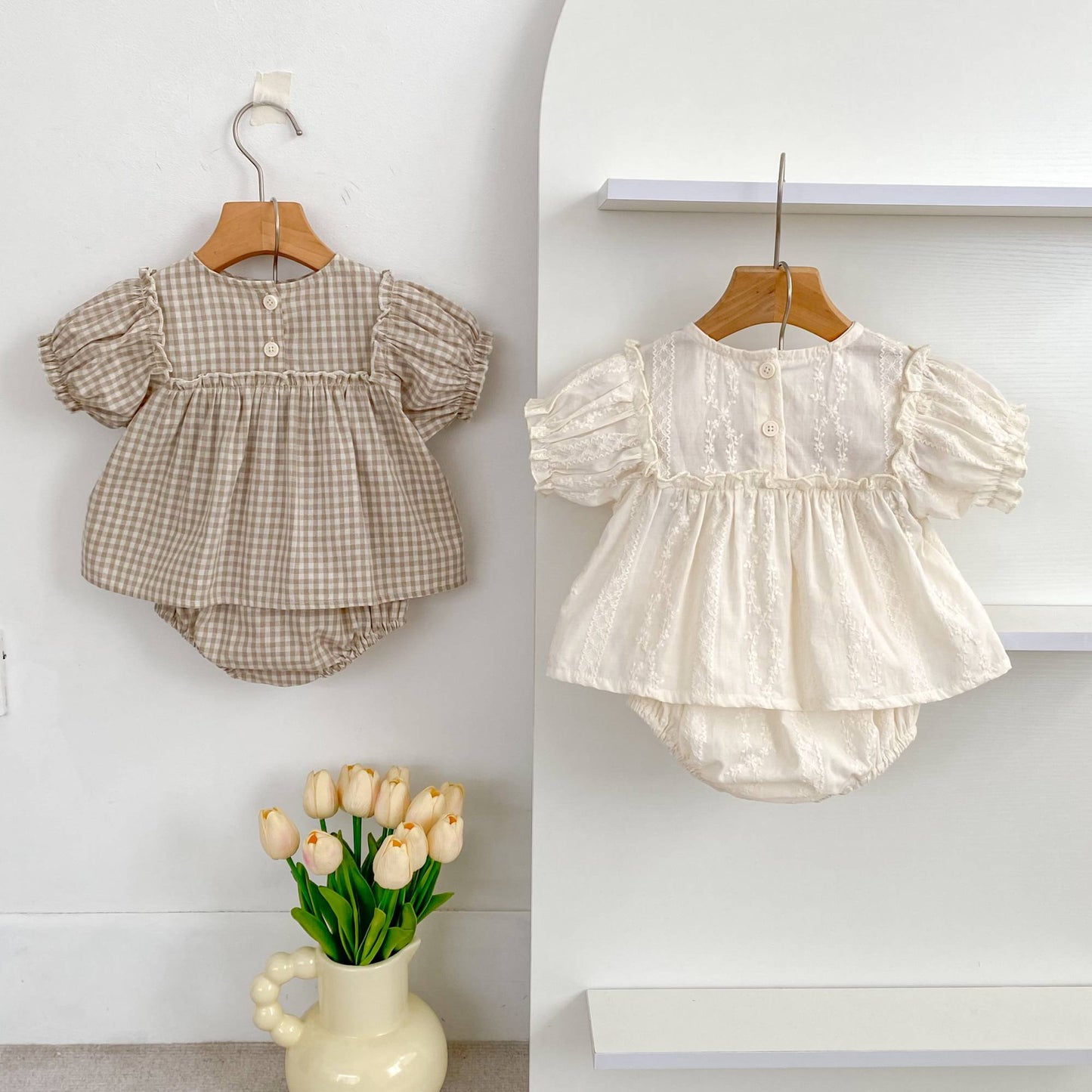 Girls Summer Fashion Set Children's Embroidered Grid Puff Sleeve Top+Shorts Two Piece Cute Baby Girls Clothes Set Baby Clothes