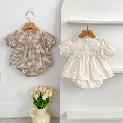 Girls Summer Fashion Set Children's Embroidered Grid Puff Sleeve Top+Shorts Two Piece Cute Baby Girls Clothes Set Baby Clothes