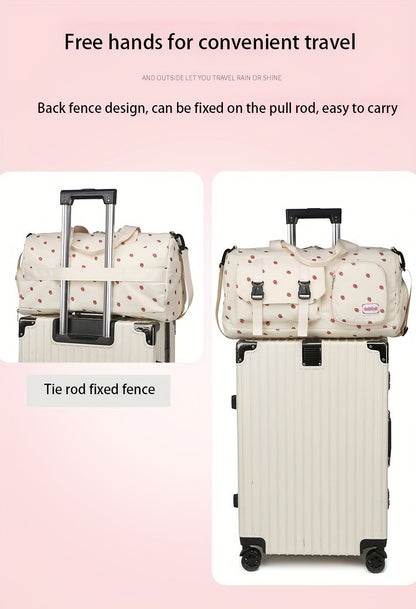 Large Capacity Travel Duffel Bag with Strawberry Pattern, Wet/Dry Separation, Independent Shoe Compartment & Multiple Pockets
