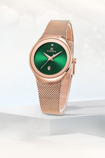 NAVIFORCE Luxury Green Analog Date Quartz Fashion Ladies Watches Mesh Steel Strap Waterproof Business Women Wristwatch Clocks