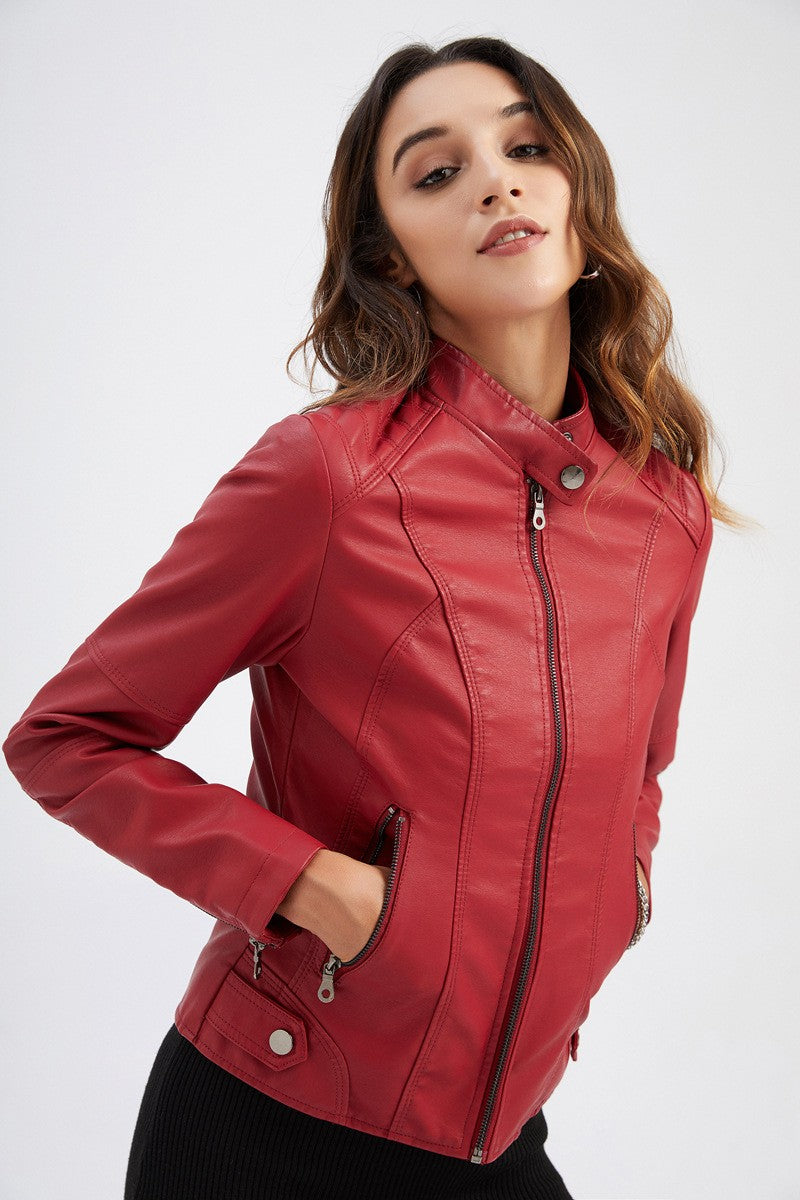 Red Women's PU Jacket, Vertical Collar Zipper Motorcycle Leather Coats,  Fashion Casual Coat Female Outerwear, Black Purple Top.