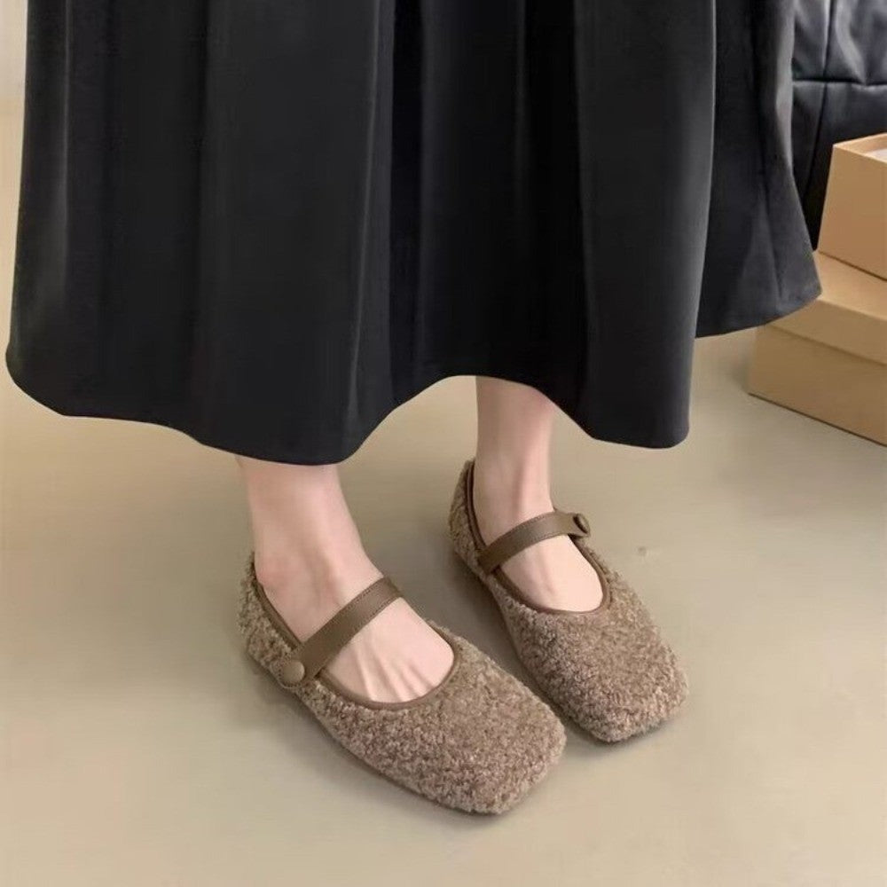 Square Toe Cosy Lambswool Ballet Flats Woman Warm Teddy Fur Mary Jane Shoes Ladies Brand Design Elegant Fluffy Plush Loafers
