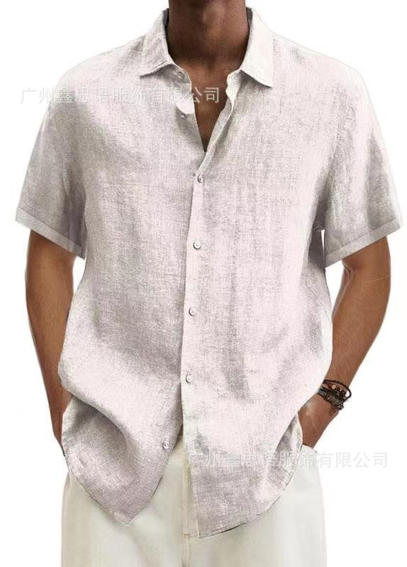 Basic Summer Men's Shirt Cotton Linen Short-sleeved Button Lapel Simple Top Casual Office Blouses for Male