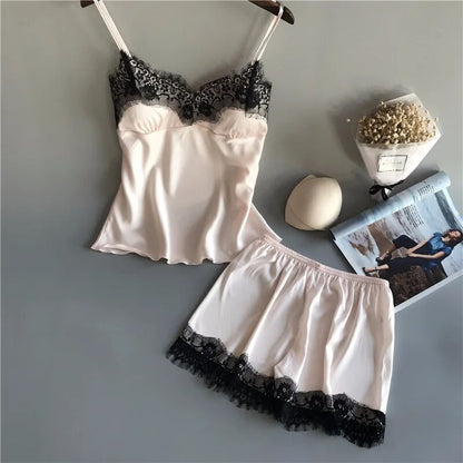 Women Pajama Suit Fashion V-Neck Lace Sexy Lingerie Pyjamas Sleep Shorts Set Sleepwear New