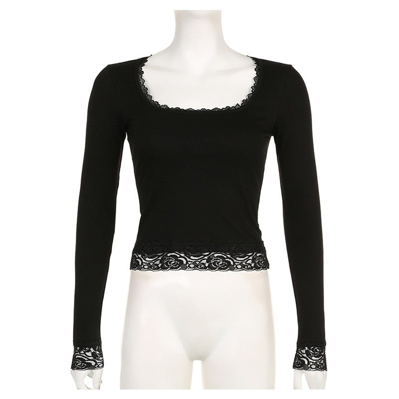 2000s Graphic T Shirt Vintage Fairy Grunge Women Autumn Lace Trim Long Sleeve Slim Fits Tops y2k Clothes Basic Harajuku Tees