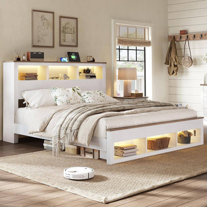 Estrutura de Cama Queen Size de Fazenda com Cabeceira e Peseira de Estante com Armazenamento, Estrutura de Cama Plataforma de Madeira com Armazenamento e Madeira