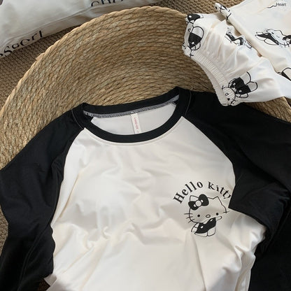 Cartoon HelloKitty Print 2PCS Set Women's Sleepwear with Chest Pad Plus Size Pyjamas Loungewear Crew Neck Loose Pajamas Homewear