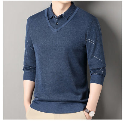 Men's Fleece Lining Sweater Autumn Winter Pullover Polo Shirt Collar Fake Two Piece Thick Warm Top Clothes Casual Knitwear