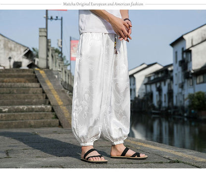 FGKKS 2023 Outdoor Brand Pants For Men Lce Silk Dragon Dark Flower Loose Bloomers High Quality Wide Leg Casual Trousers Male