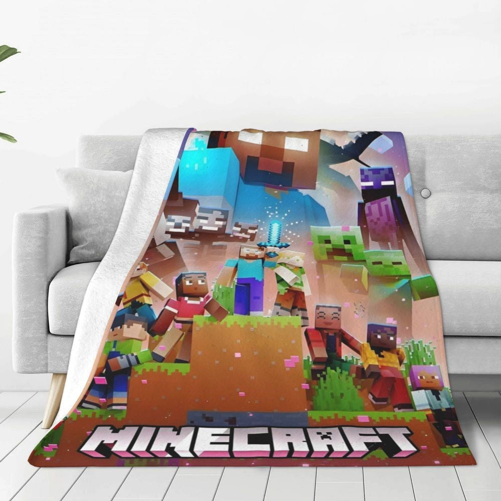Cartoon Mines Pixel Game Crafts Flannel Blanket Super Warm Throw Blanket for Home Decor Decorative Street Trend Bedspread
