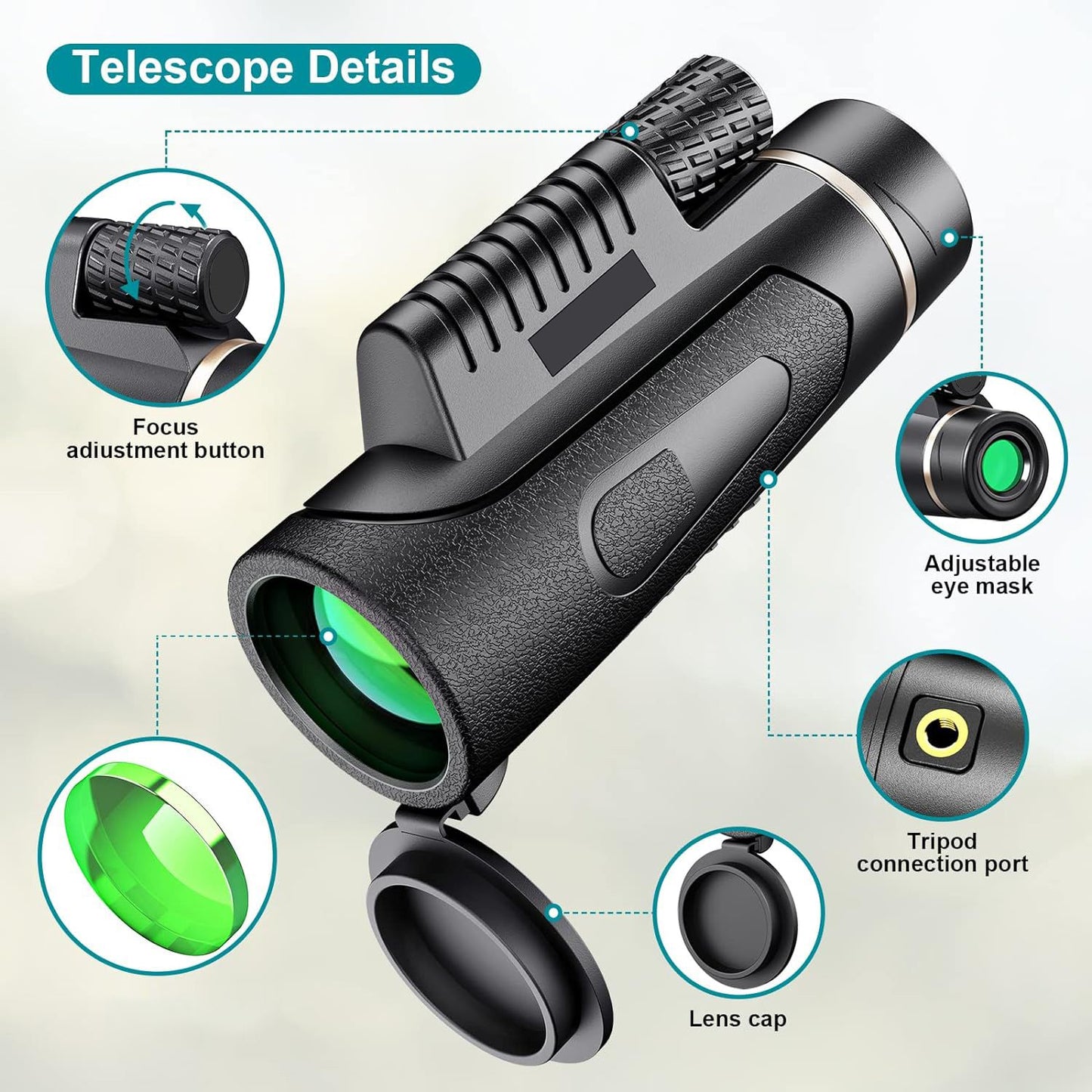 Telescópio monocular 10X, acessório de fixação e tripé para celular, grande ocular para viagem ao ar livre