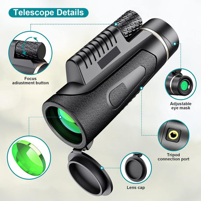 Telescópio monocular 10X, acessório de fixação e tripé para celular, grande ocular para viagem ao ar livre