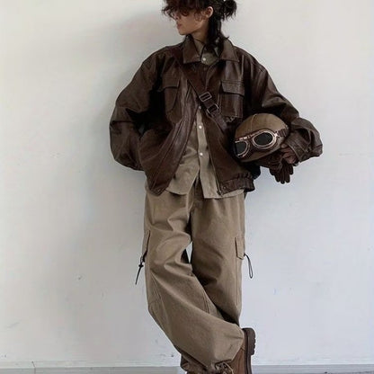 Motorcycle Leather Jacket Men Bomber Pilot Retro Loose Pu Short Coat Japanese Casual Streetwear Multi Pocket Trend Outwear New