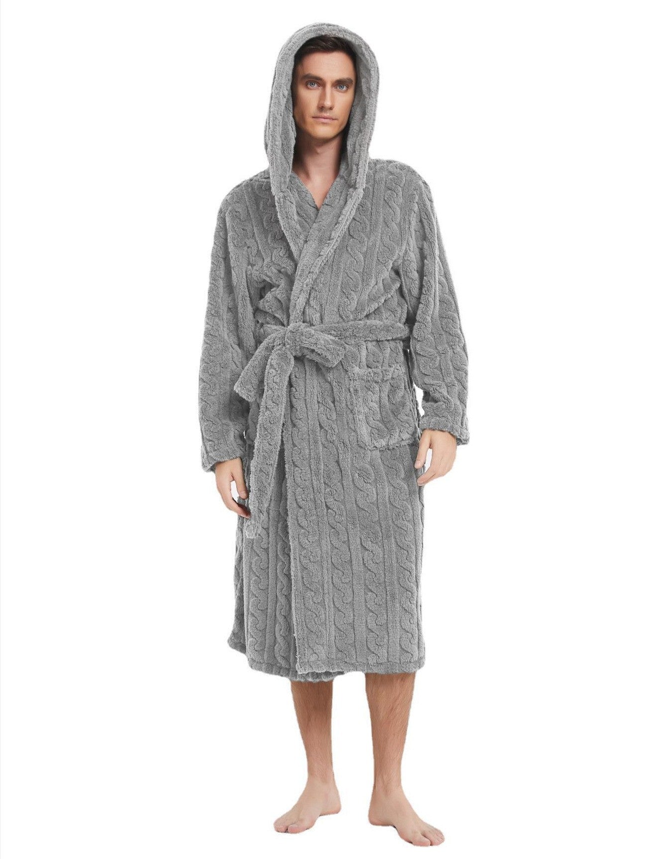 New American Cotton Velvet Jacquard Hooded Men's Dressing Gown with Fleece Thickened Autumn and Winter Couple Dressing Gown