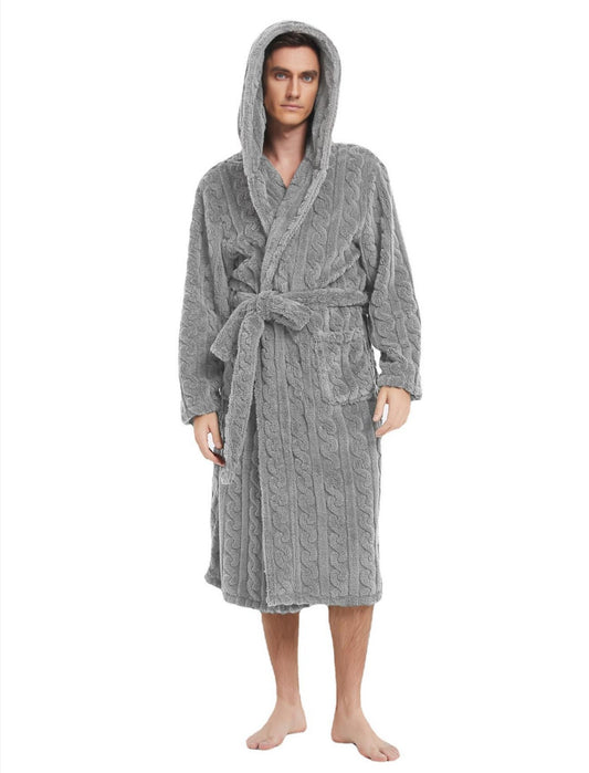 New American Cotton Velvet Jacquard Hooded Men's Dressing Gown with Fleece Thickened Autumn and Winter Couple Dressing Gown