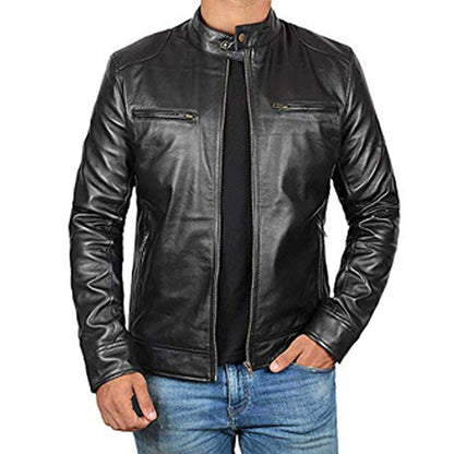 Men' s Retro Leather Jacket Stand Collar Biker Jacket Slim fit Multi-Pocket Coat Autumn Winter Outwear