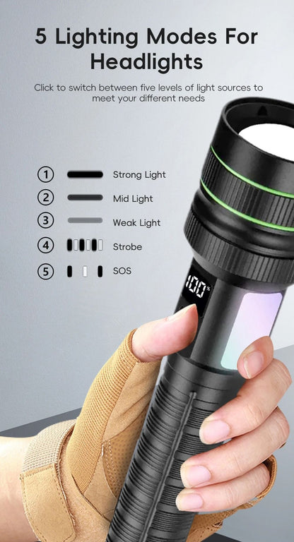 High Power LED Flashlight USB Rechargeable Super Long Range Tactical Torch Strong Light Lamp Outdoor Portable Lantern Waterproof